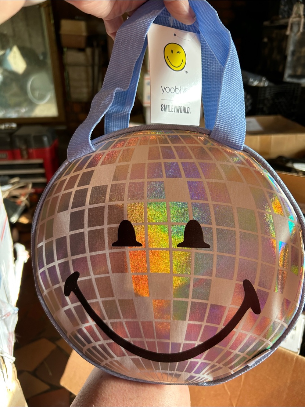 Yoobi Holographic Disco Ball Smile lunch Bag - Lavender Handles